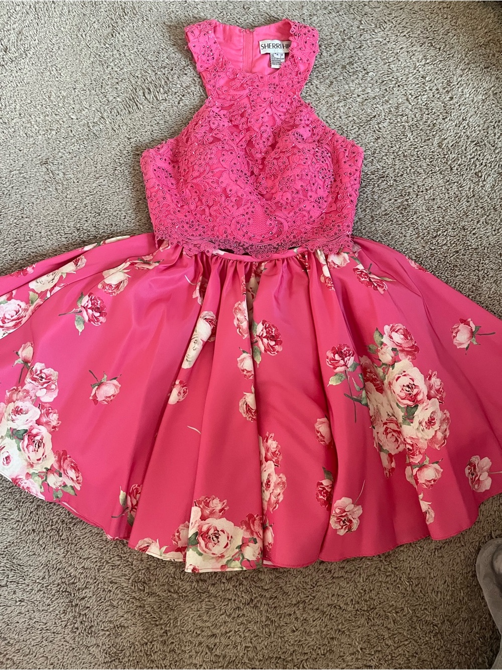 Sherri Hill Hot Pink Floral Lace Halter Fit & Flare Two Piece Size 4